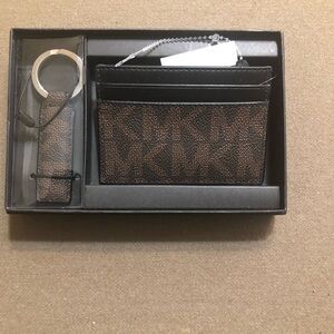Michael Kors Black and Brown Card Holder and Keychain Set